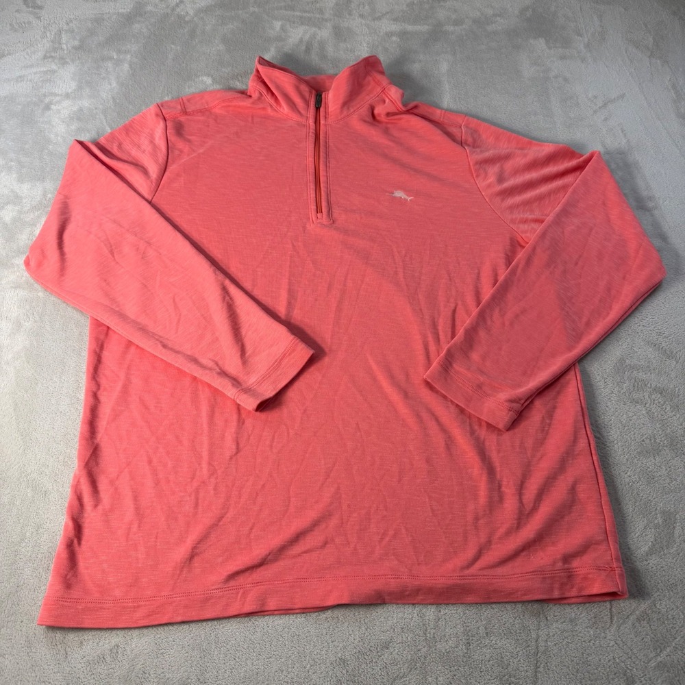 Tommy Bahama Quarter Zip Pullover Mens XL Coral Pink Slub Knit Sweater